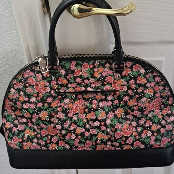 Coach Pink and Black Floral Leather & Canvas Satchel & Bonus Cherry Charm - Picture 12 of 16